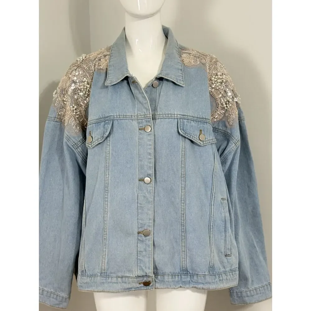Arula Women’s Denim Jacket Plus Size 3X Light Wash Pearl Sequin Lace Embellished - Picture 2 of 15